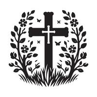 A stylized, black and white graphic of a Christian cross set within a circular design with intricate details. vector