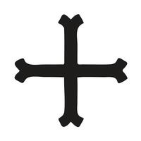 A stylized, black and white graphic design of a cross, intricately detailed with various leaf and water droplet symbols. vector