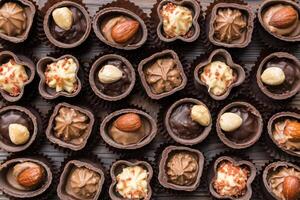 Different kinds of chocolates on colored table close-up. and Flat Lay photo