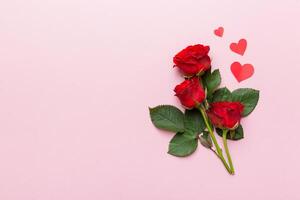 Valentine day composition with rose flower . Top view, flat lay, copy space Holiday concept photo