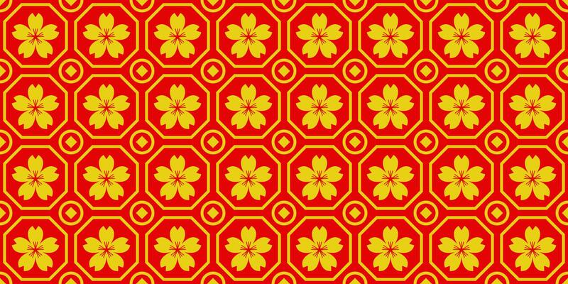 Asian line art seamless pattern with oriental traditional shapes flowers ornament, waves. Red and gold Japanese print for lunar chinese new year decoration. Luxury retro illustration
