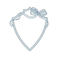 Wedding crest on white background. Minimalist outline of a shield with ribbon and bow monogram. Line art for wedding, monogram, invitation, greeting, logo, birthday cards vector