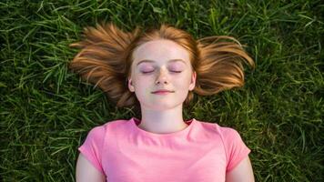 Relaxing in a meadow young woman enjoying nature close-up serene environment high angle view photo