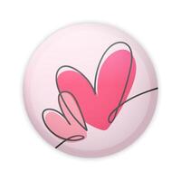 Glossy badge button with two hearts drawn with continuous line. Round plastic pin vector