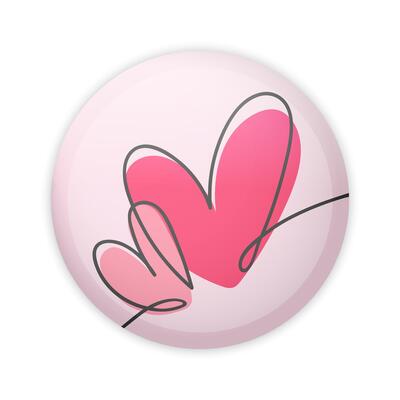Glossy badge button with two hearts drawn with continuous line. Round plastic pin