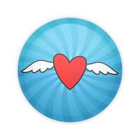 Glossy badge button with flying heart on pop art background. Round plastic pin with heart with wings vector