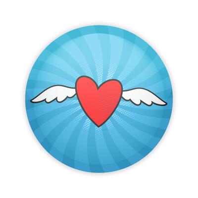 Glossy badge button with flying heart on pop art background. Round plastic pin with heart with wings