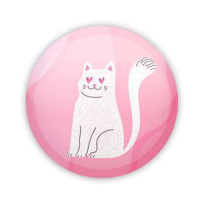 Glossy badge button with cute white cat in love. Round plastic pin