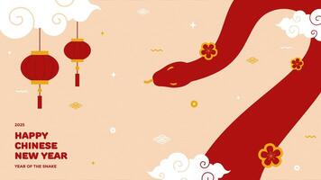 Chinese Lunar New Year greeting template with red snake and hanging lantern. Year of the snake background illustration vector