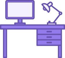 Colored Desk Icon. Icon. Table, Computer, and Lamp. Furniture. Office Concept vector