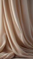 A detailed shot of softly cascading fabric drapes, in muted hues, with ample areas for text or design placement. photo