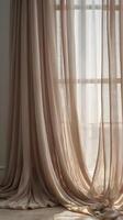 A close-up of gently flowing vertical fabric drapes in soft tones, with plenty of blank space for text or graphics. photo