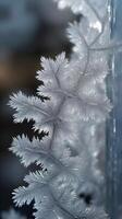 Detailed close-up of vertical ice crystal formations on a window, featuring blurred areas for copy placement. photo