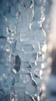 A minimalist vertical photo capturing detailed ice formations on a natural texture, creating a peaceful scene.