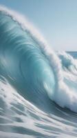 A close-up shot of vertical ocean waves with gentle blue tones, providing clear space for text placement. photo