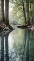 A peaceful river surface reflecting tree trunks in soft focus, with a blank area in the water for copy. photo