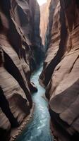 A close-up vertical photo of a river cutting through a narrow canyon, surrounded by detailed rock formations, with room for text placement.