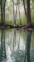 A tranquil river mirroring tall tree trunks in soft focus, with open space in the water for text placement. photo