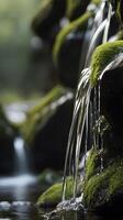 A serene vertical image of water trickling over mossy rocks, creating a calm atmosphere with room for text. photo
