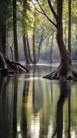 A calm river reflecting vertical tree trunks in soft focus, with clear blank space in the water for text. photo