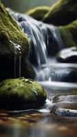 Vertical shot of water cascading down rocks, with mossy details and ample space for text overlays. photo