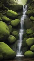 A tranquil vertical capture of water flowing gently over a rocky cascade, featuring moss-covered textures and room for text. photo