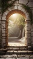Vertical shot of a weathered stone archway, emphasizing its textures and leaving space for text or graphics. photo