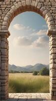 A serene vertical capture of an ancient stone archway, with detailed textures and blank sections for design purposes. photo