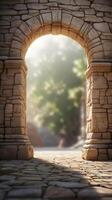 A high-detail vertical photo of an old stone archway with natural surfaces and open areas for creative use.