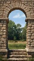 A vertical image of a rustic stone archway, showcasing weathered textures and clear spaces for text placement. photo