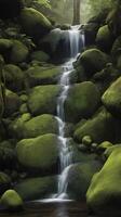 A quiet vertical image of water trickling down a rocky cascade, with mossy textures and space for text. photo