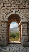A vertical capture of a weathered stone archway with natural textures and open areas for text or designs. photo