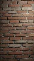 A detailed vertical image of an aged brick wall with soft, muted colors and ample blank space for text. photo