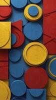 A colorful background filled with overlapping geometric forms like circles and triangles in primary colors, providing ample room for text or logo placement photo