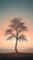 A peaceful minimalist image of a tree silhouette against a gradient of soft pastels, with open space available for text in the center. photo