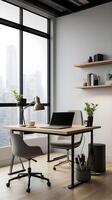 A contemporary office setup with a laptop, minimalist design elements, and a clean desk with subtle textures, leaving ample white space for text. photo