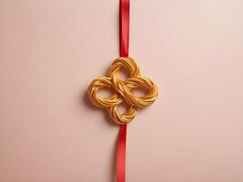 A clean, gentle illustration of a golden Chinese knot with a red ribbon against a light, soft background, perfect for text placement. photo