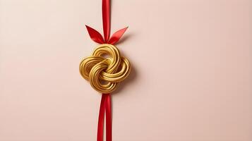 A simple and elegant design of a red ribbon tied in a golden Chinese knot, set on a neutral, smooth background with room for text. photo
