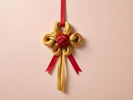A minimalist illustration of a red ribbon tied in a golden Chinese knot, gently placed on a light, smooth background, with space for text. photo