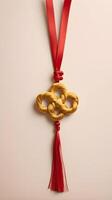 A golden Chinese knot with a red ribbon, delicately arranged against a soft, light-colored backdrop, leaving space for a message or greeting. photo