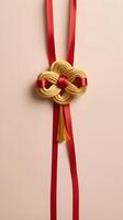 A subtle illustration of a red ribbon tied into a golden Chinese knot, set against a soft, light background, with plenty of space for text. photo