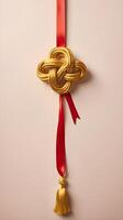 A clean illustration of a red ribbon tying a golden Chinese knot, set on a gentle, light-colored background, providing space for text. photo
