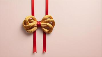 A delicate golden Chinese knot tied with a red ribbon, placed against a smooth, light background, with ample room for adding text. photo