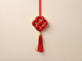 A minimalistic illustration of a golden Chinese knot with a red ribbon, elegantly set against a soft, light-colored backdrop, offering space for text. photo