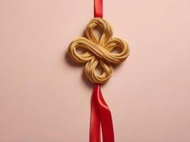 A simple illustration of a golden Chinese knot tied with a red ribbon, gently placed against a smooth, light-colored background, leaving room for text placement. photo