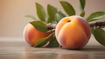 a single longevity peach placed gently on a neutral, soft background, symbolizing long life and good fortune. The space should be ideal for adding a festive message. photo