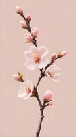 A tranquil scene featuring a peach blossom branch with soft pink flowers, gently positioned on a pastel background, with ample space for a greeting at the top. photo