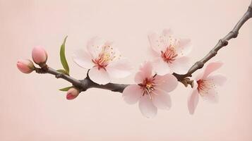 A serene depiction of a peach blossom branch adorned with delicate pink flowers, set against a muted pastel backdrop, leaving room for text at the top. photo