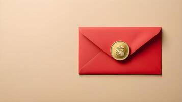 A straightforward design with a red envelope hongbao and a gold coin beside it, positioned against a soft, neutral backdrop for text placement. photo