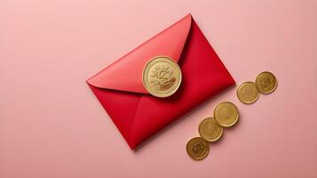 A minimalist composition featuring a red envelope hongbao and a gold coin on a smooth surface, with plenty of empty space for text. photo